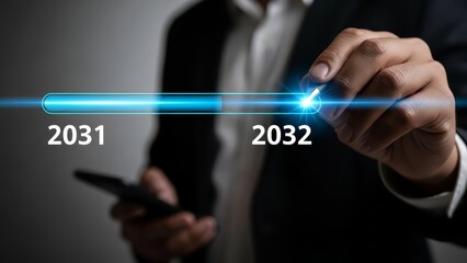 A businessman points to the year 2032 with a futuristic glowing timeline effect