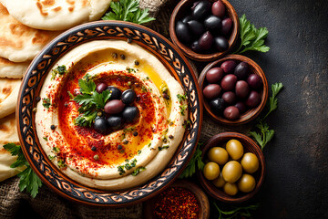 Enjoying fresh bread with creamy hummus and assorted olives on a rustic table Generative AI