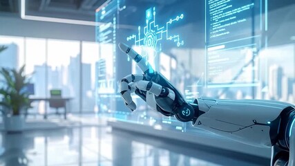 Robotic arm pointing at a digital interface in a modern, bright office setting. - Powered by Adobe