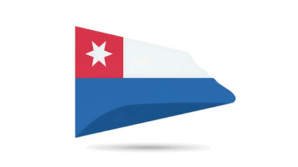 A stylized flag with a red star on a red and white field, atop a blue section, against a white backdrop, with a shadow