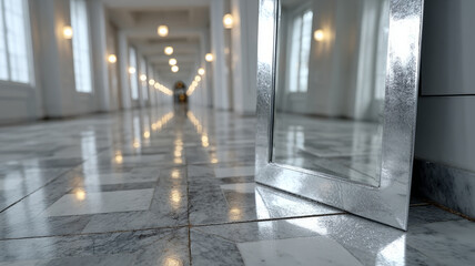 Elegant corridor with reflective mirror and marble flooring.