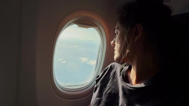 Pensive young woman looking out airplane window during flight
