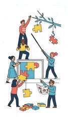 Teamwork People Assembling Jigsaw Puzzle Together.
