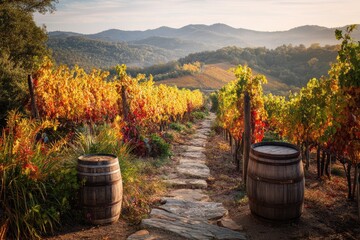 Sunlit Fall Vineyard Scene: Rolling Hills, Trellised Vines, and Rustic Harvest Baskets