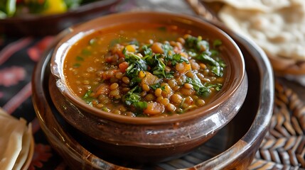 A bowl of lentil soup with greens and tomatoes on a wooden surface with flatbread aside it