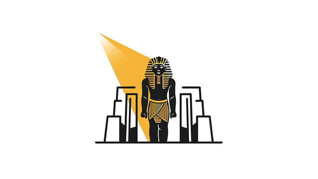 A stylized illustration depicting an ancient Egyptian pharaoh standing before structures, lit by a golden ray on a white background