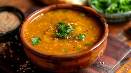 A close up shot of a bowl of soup garnished with parsley on a wooden surface in soft lighting