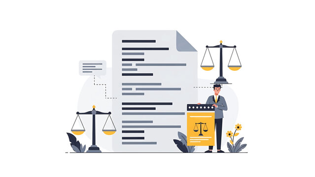 A stylized illustration depicting legal concepts. A person stands near a document and a balance scale, representing justice and law