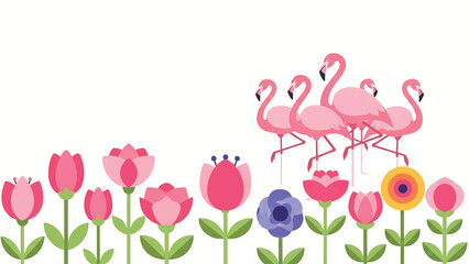 A stylized illustration depicting pink flamingos and colorful, geometric flowers against a white background, suggesting a whimsical, decorative design