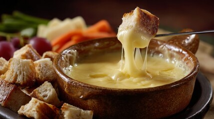 A rich golden cheese fondue is served in a rustic pot, with bread being dipped into the creamy delight. Fresh vegetables and grapes complete the inviting spread for a perfect gathering