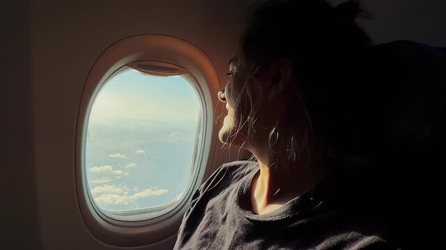 Happy young woman traveling by airplane looking out the window