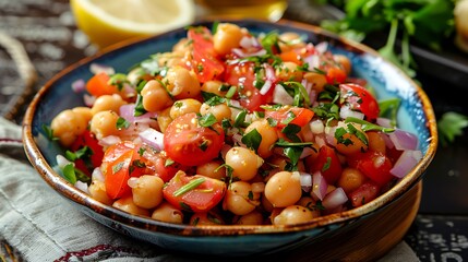 A close up of a bowl of chickpea salad with tomatoes and red onions on a wooden surface near a lemon