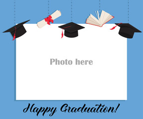 Graduation photo frame template hanging academic hat diploma book school vibrant design