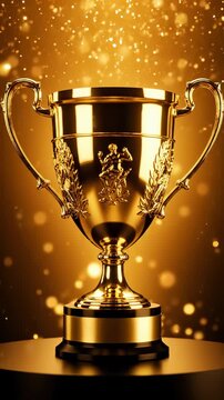 Golden trophy shines brightly under sparkling lights. Elegant design captures celebration mood. Vertical view emphasizes grandeur and prestige of achievement. Ideal for victory moments.