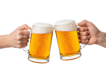 Two hands, one fair, one olive, clinking clear glass mugs of golden lager beer with thick frothy foam and bubbles on a transparent studio background, concept of celebration and toast