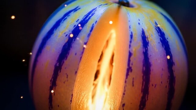 Striking still life of a sliced melon under a spotlight with magical sparkles effects art