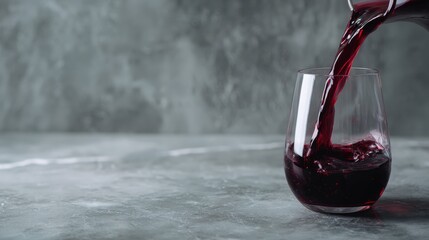 Medium closeup of dark purple berry juice pouring into a crystal glass against a soft gray background, emphasizing rich color, elegant texture, and refreshing appeal with copy space on the right