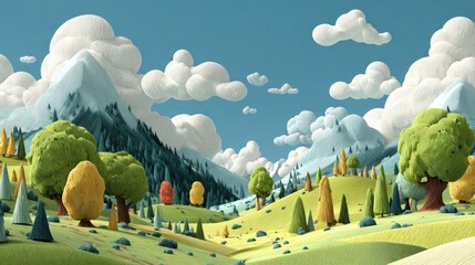 Kid podium set in green hills with cartoon trees and clouds in a colorful park scene, showcasing a playful 3d spring landscape enjoying nature