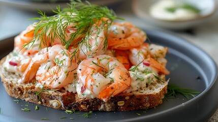 Close up of shrimp salad on toast with dill garnish served on a gray plate on a wooden surface