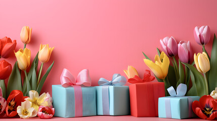 Gift boxes, and colorful tulip flowers on pastel pink background with copy space for text.