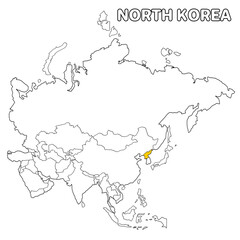 North Korea country highlighted in yellow on Asia continent map detailed vector illustration, for projects and presentation	