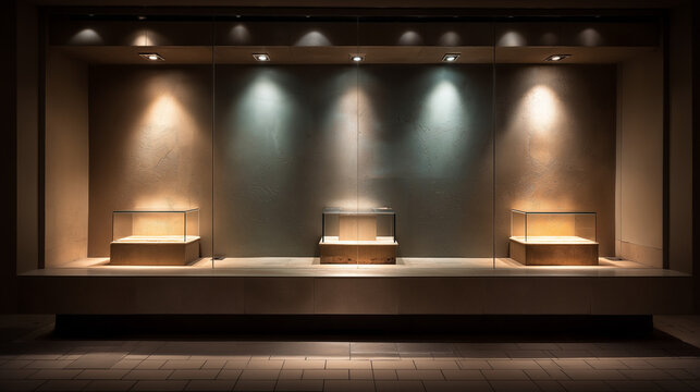 Empty illuminated museum display cases