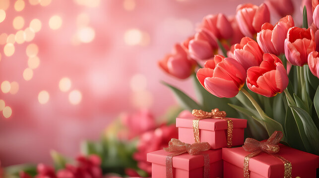 Gift boxes and red tulip flowers on pastel pink background with bukeh light, copy space for text.