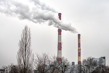 Two smoking factory pipes and cloudy grey sky