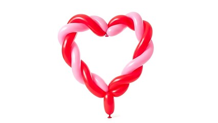 Twisted red and pink balloons in heart shape on white background