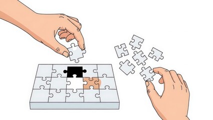 Hands Assembling Jigsaw Puzzle Pieces.