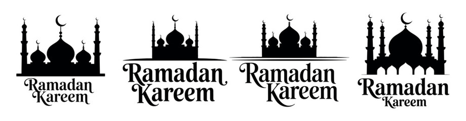 Various black and white silhouette designs for Ramadan Kareem featuring stylized mosques and typography © MuniraStyles
