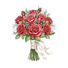Elegant red rose bouquet with greenery and white ribbon
