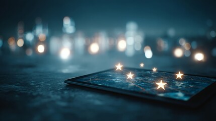 Modern digital map projection on tablet screen with glowing location pins and star ratings representing business growth and marketing strategies, futuristic technology, vibrant blue tones, sleek text
