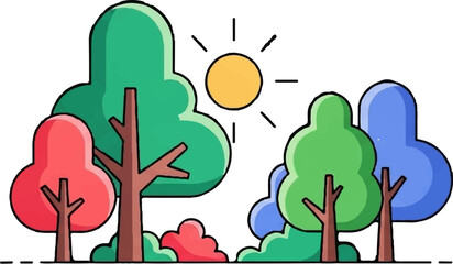 A colorful, cartoonish illustration depicts a sunny forest scene with varied trees and vibrant foliage