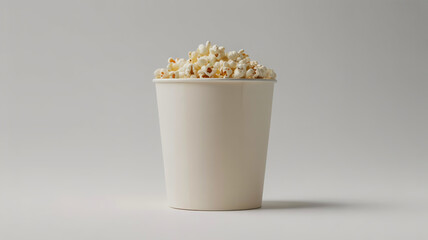 A white paper cup filled with popped popcorn on a plain background minimalist snack