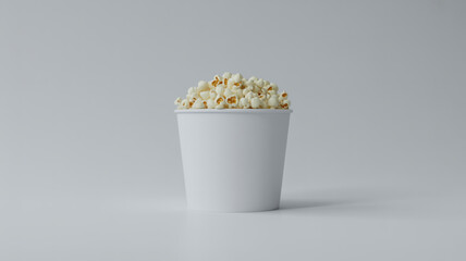 A white paper cup filled with white and slightly brownish popcorn against a plain background