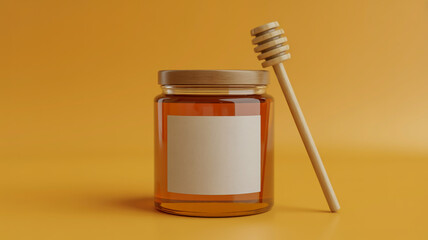 A glass jar of honey with a wooden dipper against a yellow background amber