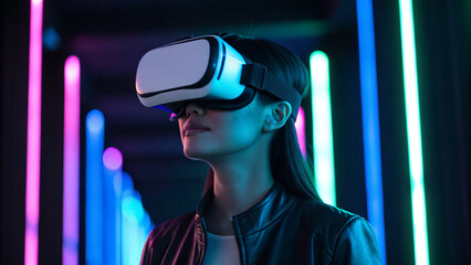 Woman wears virtual reality headset in a neon-lit hallway while exploring digital environments at night