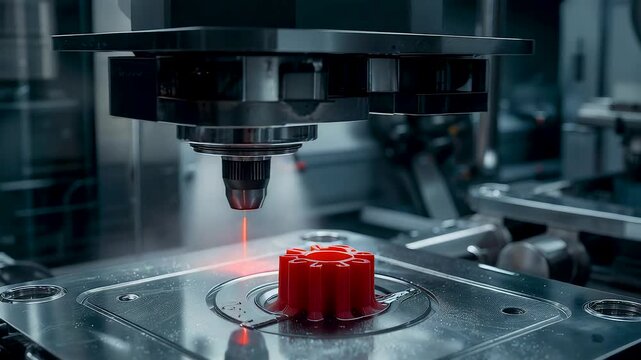 Precision CNC machining process cutting red plastic gear on metal table inside automated manufacturing workshop under clean lighting