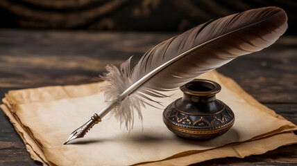 Antique quill pen and inkwell on aged parchment paper with feather on wooden background