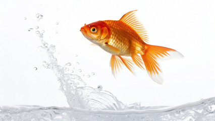 Goldfish jumps out of water creating splashes in a bright setting with the focus on its vibrant color