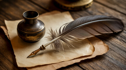 Antique brass inkwell with feather quill pen on aged parchment paper on wooden table