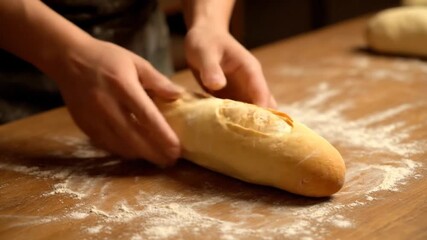 Hands Shaping Fresh Bread Loaf on Wooden Table with Flour Dust Baker Preparing Homemade Baguette for Baking Delicious