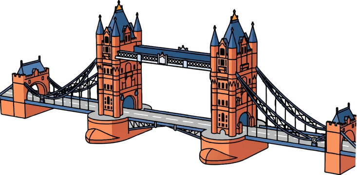 A cartoon illustration of a famous London bridge with its distinctive towers and suspension structure