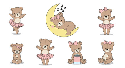 Obraz premium Adorable set of cartoon teddy bear ballerinas in various poses, including sleeping on a moon and wearing pink tutus.