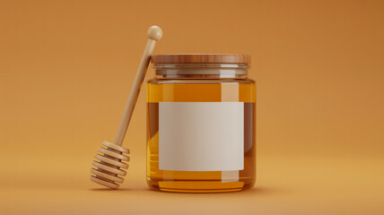 Glass jar of honey with wooden dipper on orange background golden liquid