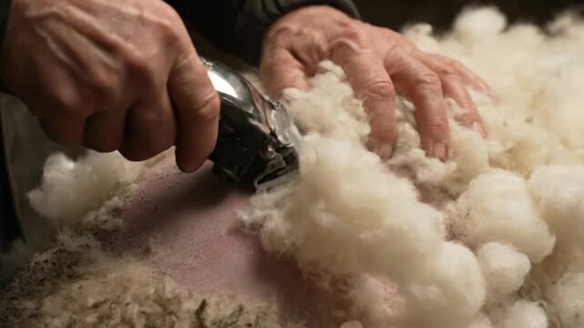 Hands Using Electric Clippers Shaving Sheep Fleece from Animal Skin with Soft Lighting and Close Up Detailing Wool