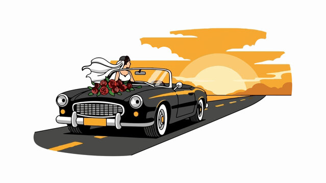 A bride in a convertible drives towards a sunset