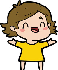 Obraz premium A happy cartoon child with brown hair and a yellow shirt, smiling broadly with open arms on a white background