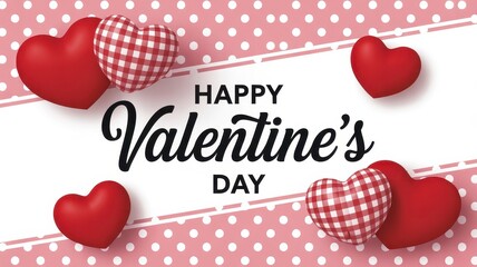 Happy Valentine's Day greeting card with red and checkered hearts on a pink polka dot background.
